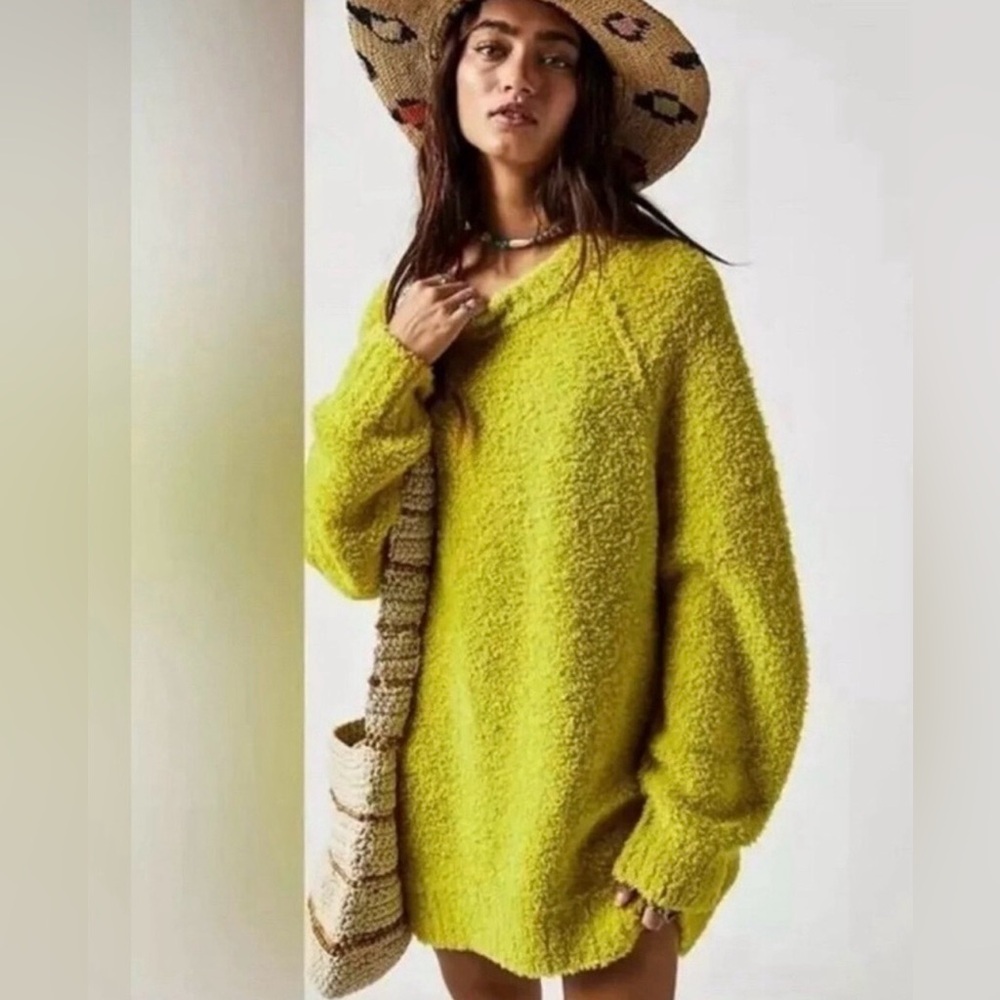 Free People Lime Green Teddy Bear Fuzzy Crewneck Sweater | NWOT